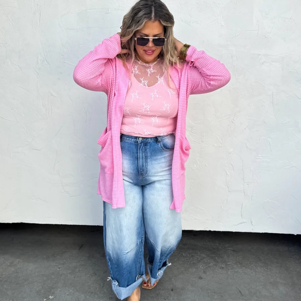 LOLA Pink Open Front Waffle CardigNCardigan